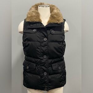 Lands End Women’s Black Down Puffer Vest Removable Faux Fur Collar S